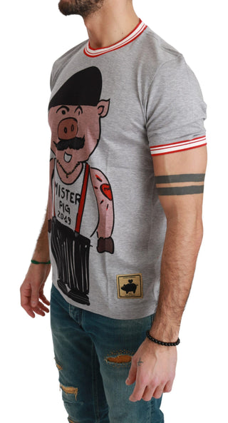 Dolce &amp; Gabbana Chic Gray Cotton T-Shirt with Year of the Pig Motive