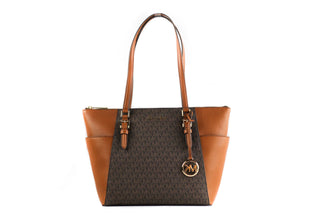 Michael Kors Charlotte Signature Leather Large Top Zip Tote Handbag (Brown)