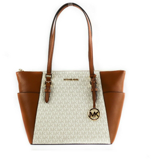 Michael Kors Charlotte Signature Leather Large Top Zip Tote Handbag (Vanilla)