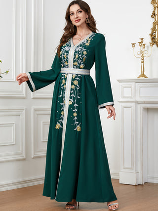 Embroidered V Neck Kaftan Dress Elegant Long Sleeve A Line Maxi Dress Women Clothing 