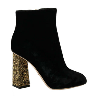 Dolce & Gabbana Elegant Velvet Ankle Boots with Crystal Heels