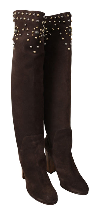 Dolce &amp; Gabbana Studded Suede Knee High Boots in Brown