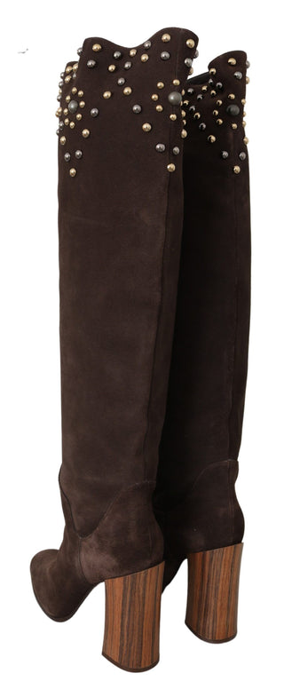 Dolce &amp; Gabbana Studded Suede Knee High Boots in Brown