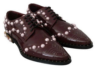 Dolce &amp; Gabbana Elegant Bordeaux Lace-Up Flats with Pearls and Crystals