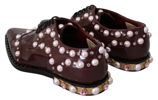 Dolce &amp; Gabbana Elegant Bordeaux Lace-Up Flats with Pearls and Crystals