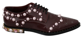 Dolce &amp; Gabbana Elegant Bordeaux Lace-Up Flats with Pearls and Crystals