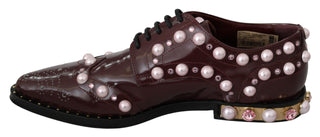 Dolce &amp; Gabbana Elegant Bordeaux Lace-Up Flats with Pearls and Crystals