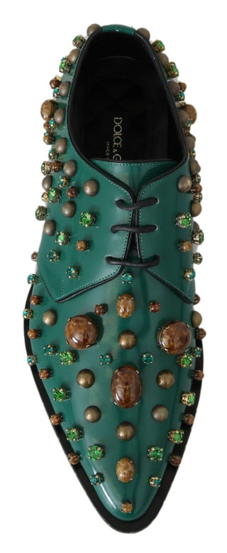 Dolce &amp; Gabbana Emerald Leather Dress Shoes with Crystal Accents