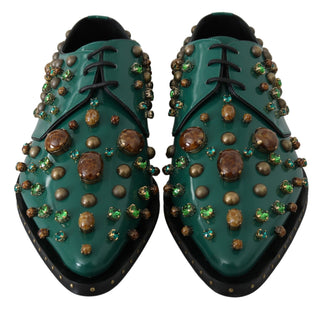 Dolce &amp; Gabbana Emerald Leather Dress Shoes with Crystal Accents