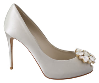 Dolce &amp; Gabbana White Crystal Peep Toe Silk Blend Heels