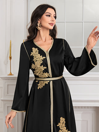 Ramadan Floral V Neck Kaftan Dress Elegant Long Sleeve Belted Maxi Dress Autumn Spring Women Clothing 