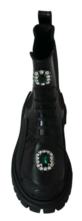 Dolce & Gabbana Elegant Black Leather Combat Boots with Crystal Detail