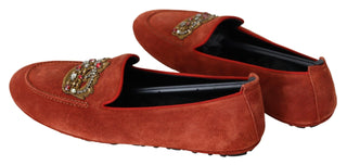 Dolce &amp; Gabbana Opulent Orange Leather Loafers with Gold Embroidery