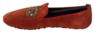 Dolce &amp; Gabbana Opulent Orange Leather Loafers with Gold Embroidery