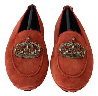 Dolce &amp; Gabbana Opulent Orange Leather Loafers with Gold Embroidery