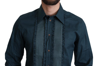 Dolce &amp; Gabbana Elegant Blue Ruffled Tuxedo Shirt