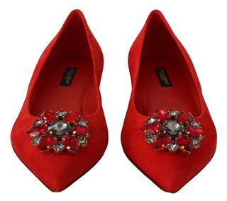 Dolce &amp; Gabbana Crystal Embellished Red Suede Flats