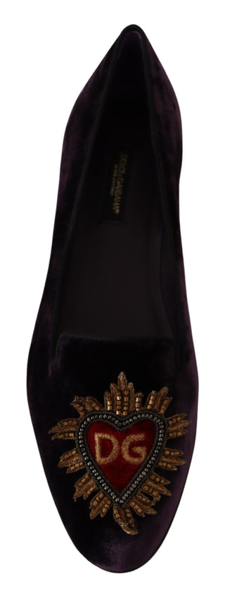 Dolce &amp; Gabbana Chic Purple Velvet Loafers with Heart Detail