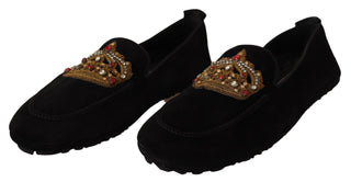 Dolce &amp; Gabbana Elegant Black Leather Loafer Slides with Gold Embroidery