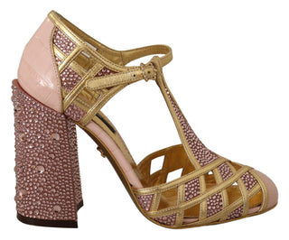 Dolce &amp; Gabbana Silk-Infused Leather Crystal Pumps in Pink Gold