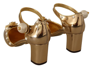 Dolce &amp; Gabbana Elegant Gold Leather Block Heels with Crystals