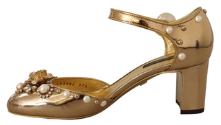 Dolce &amp; Gabbana Elegant Gold Leather Block Heels with Crystals