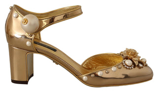 Dolce &amp; Gabbana Elegant Gold Leather Block Heels with Crystals