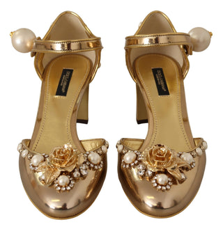 Dolce &amp; Gabbana Elegant Gold Leather Block Heels with Crystals