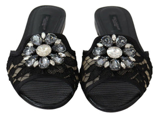 Dolce &amp; Gabbana Elegant Black Lace Mules with Jewel Flower Detail