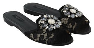 Dolce &amp; Gabbana Elegant Black Lace Mules with Jewel Flower Detail