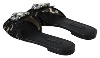 Dolce &amp; Gabbana Elegant Black Lace Mules with Jewel Flower Detail