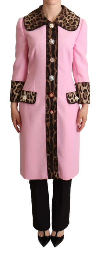 Dolce &amp; Gabbana Chic Pink Leopard Trench with Crystal Buttons