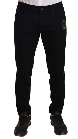 Dolce & Gabbana Heraldic Embroidered Slim Fit Black Jeans