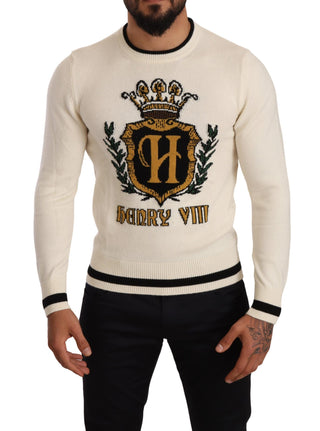 Dolce &amp; Gabbana Elegant Snow-White Heraldic Cashmere Sweater