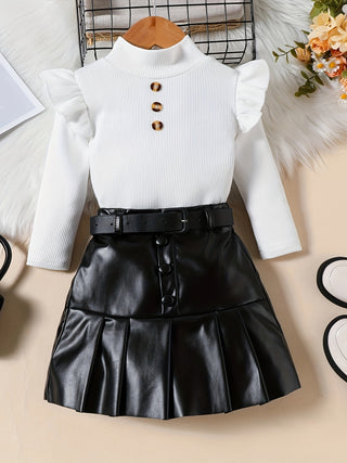 3 Piece Set for Girls Elegant Solid Color Long Sleeve Turtleneck Top + Pleated Leather Skirt + Waist Belt for Autumn/Winter 