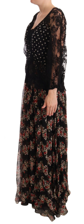 Dolce &amp; Gabbana Elegant Lace Floral Maxi Dress with Polka Dots