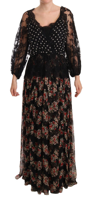 Dolce &amp; Gabbana Elegant Lace Floral Maxi Dress with Polka Dots