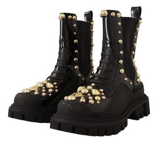 Dolce &amp; Gabbana Studded Leather Combat Boots with Embroidery