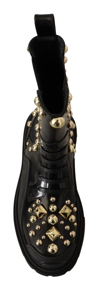 Dolce &amp; Gabbana Studded Leather Combat Boots with Embroidery