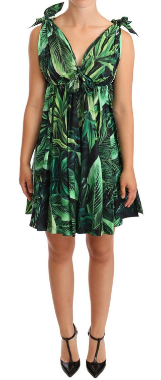 Dolce &amp; Gabbana Elegant Flared Mini A-Line Dress in Green Leaf Print