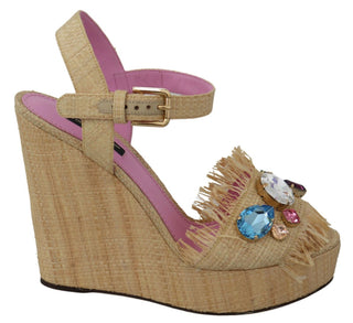 Dolce &amp; Gabbana Beige Silk Strap Wedge Sandals