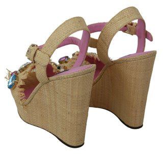 Dolce &amp; Gabbana Beige Silk Strap Wedge Sandals