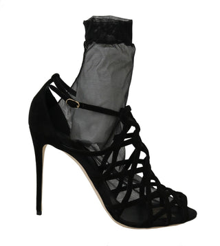 Dolce &amp; Gabbana Black Suede Tulle Ankle Boot Sandals