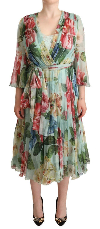 Dolce &amp; Gabbana Elegant Floral Green Midi Silk Dress