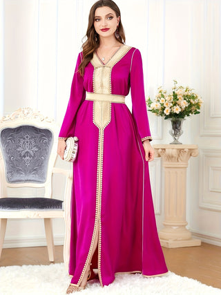 V Neck Kaftan Dress with Lace Trim, Elegant Maxi Dress with Long Sleeve and Split Hem, Women's Clothing 