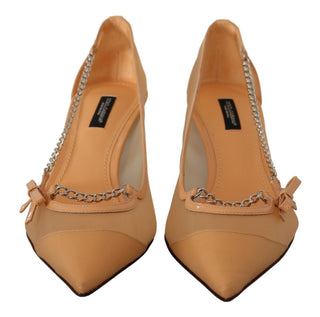 Dolce &amp; Gabbana Elegant Beige Mesh Pumps with Silver Chains