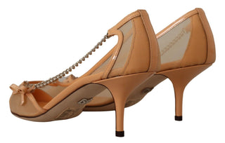 Dolce &amp; Gabbana Elegant Beige Mesh Pumps with Silver Chains