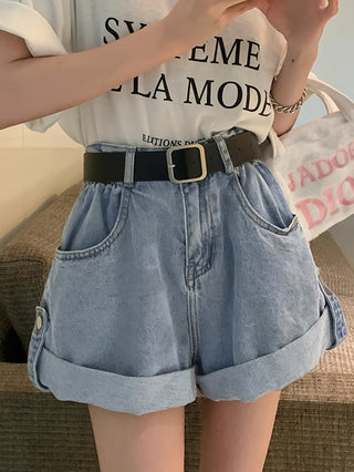 Women's High Waist Solid Color Loose Fit Folded Hem Spring Summer Fashion Casual Versatile Jeans Shorts 