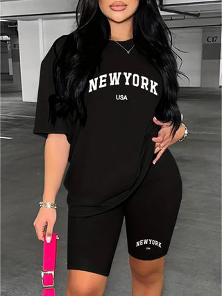 Casual Sportswear Set for Everyday Wear, New York Graphic Crop Top and Workout Shorts, Women's Activewear 