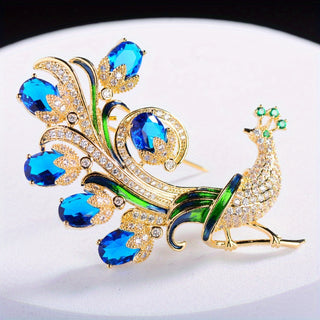 Peacock Inspired Rhinestone Brooch Elegant Open Screen Design Luxury Pin Coat Jacket Accessory for Women 